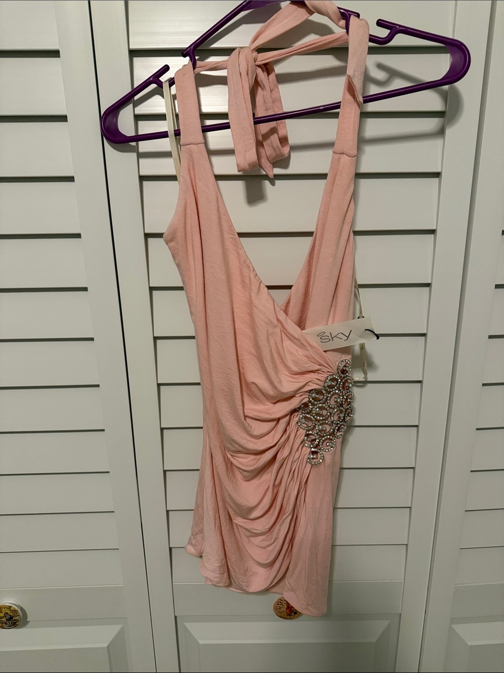 Sky Blush Pink Rhinestone-Embellished Halter top